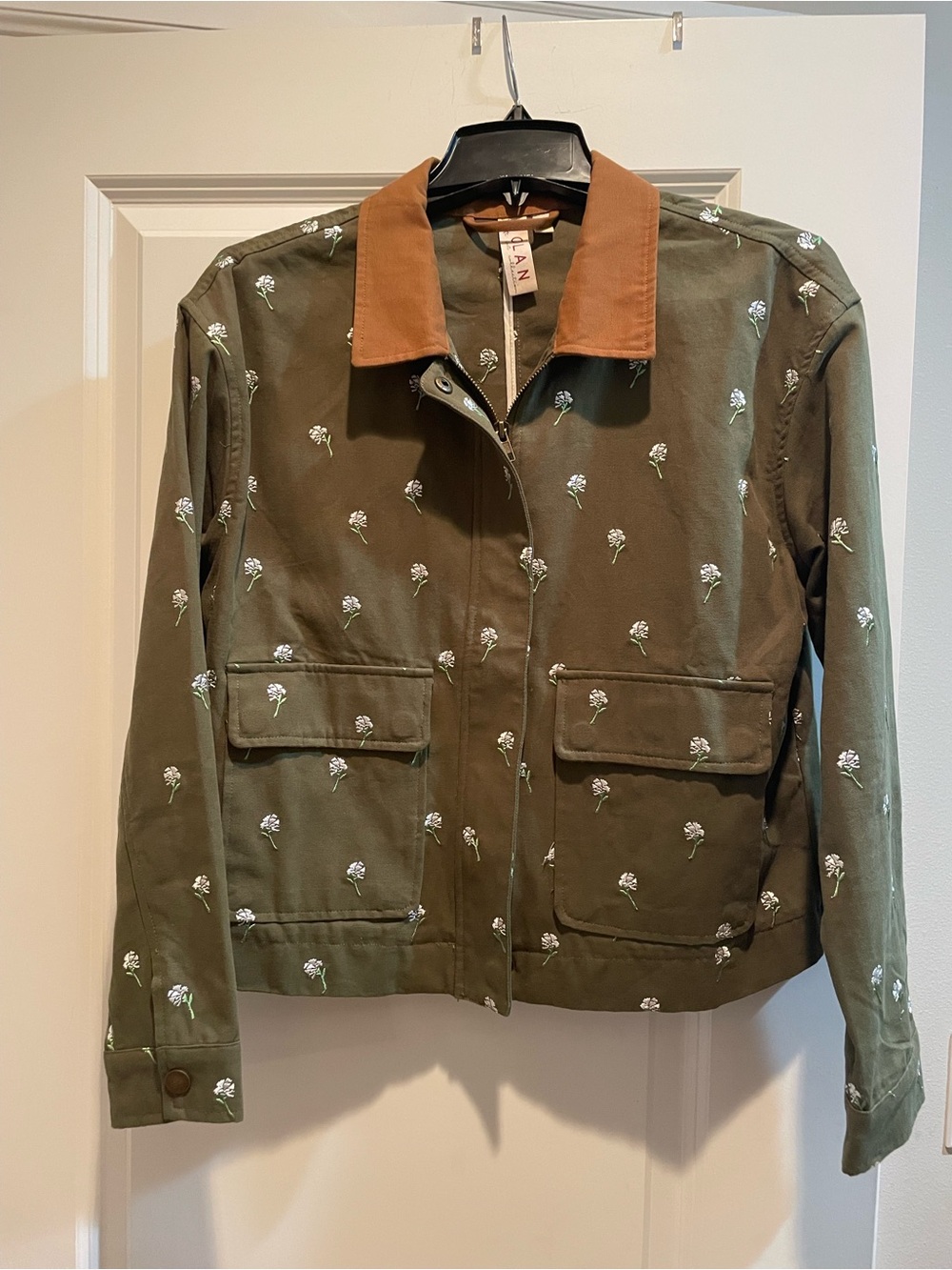 dolan Olive Utility Jacket with White Floral Embroidery